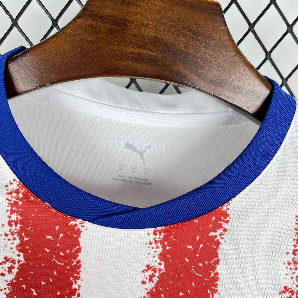 Paraguay home fan jersey neckline close-up showing blue collar trim and inner label