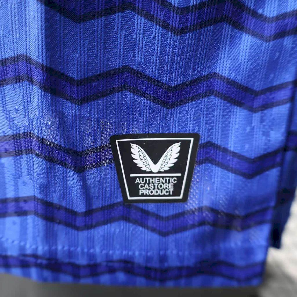 Blue Everton home football shirt with dark zigzag stripes, Castore authentic product badge
