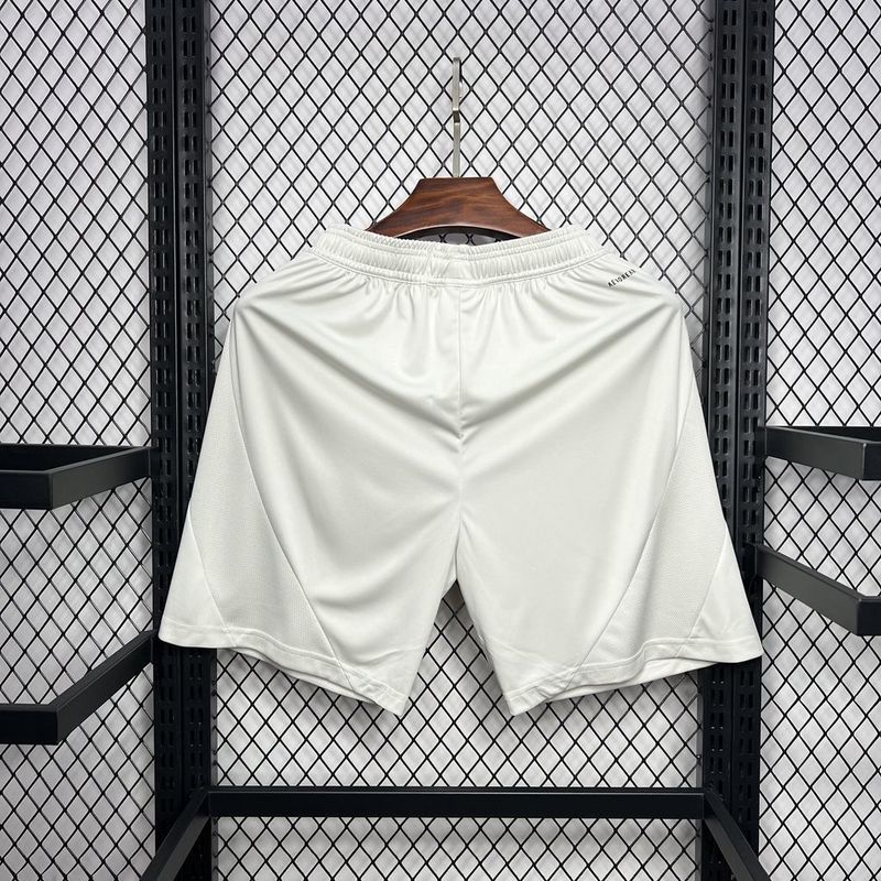 White fan shorts with elastic waistband and side logo accents