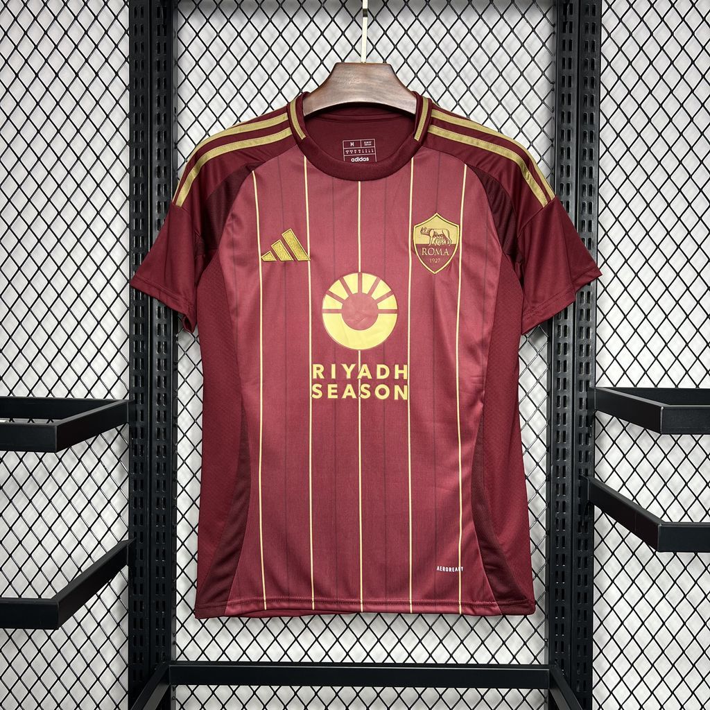 Burgundy Roma home fan jersey with gold vertical stripes and crest on the chest