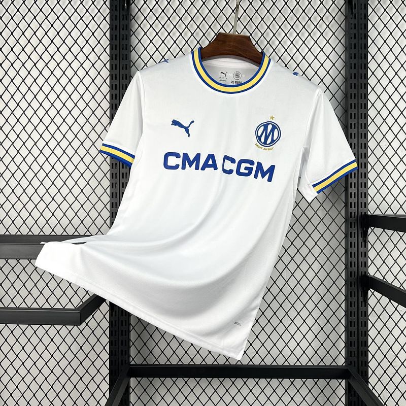 White home fan football jersey with CMA CGM sponsor, club crest, blue/yellow trim