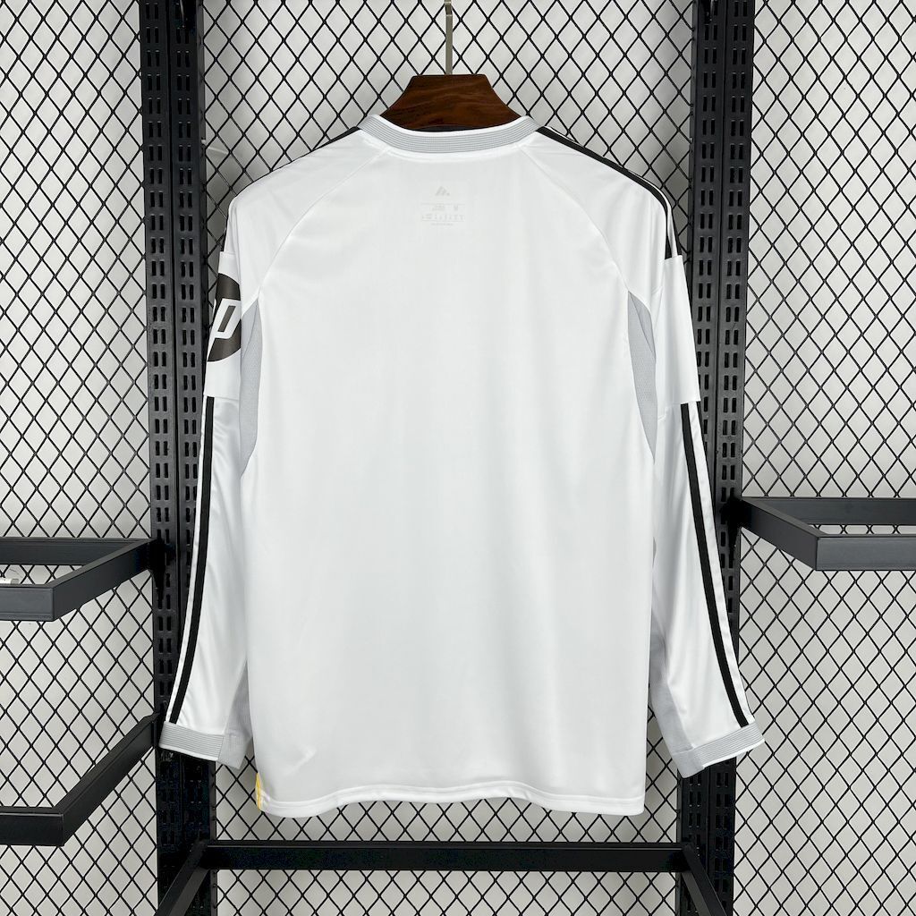 White long-sleeve home football jersey back view with black side stripes