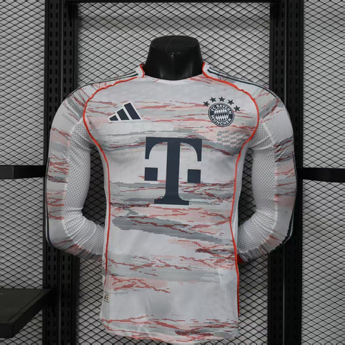Bayern Munich away soccer jersey, white with red/gray streak print and long sleeves