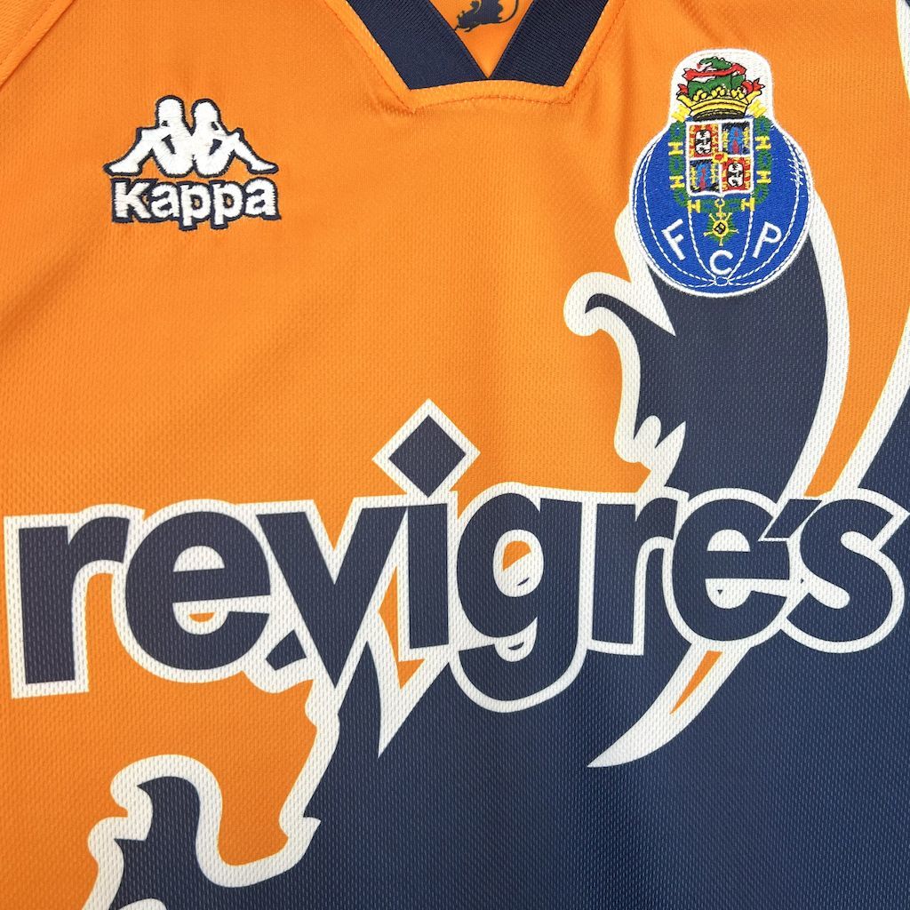Porto away retro football jersey front close-up, orange and navy with sponsor revigres