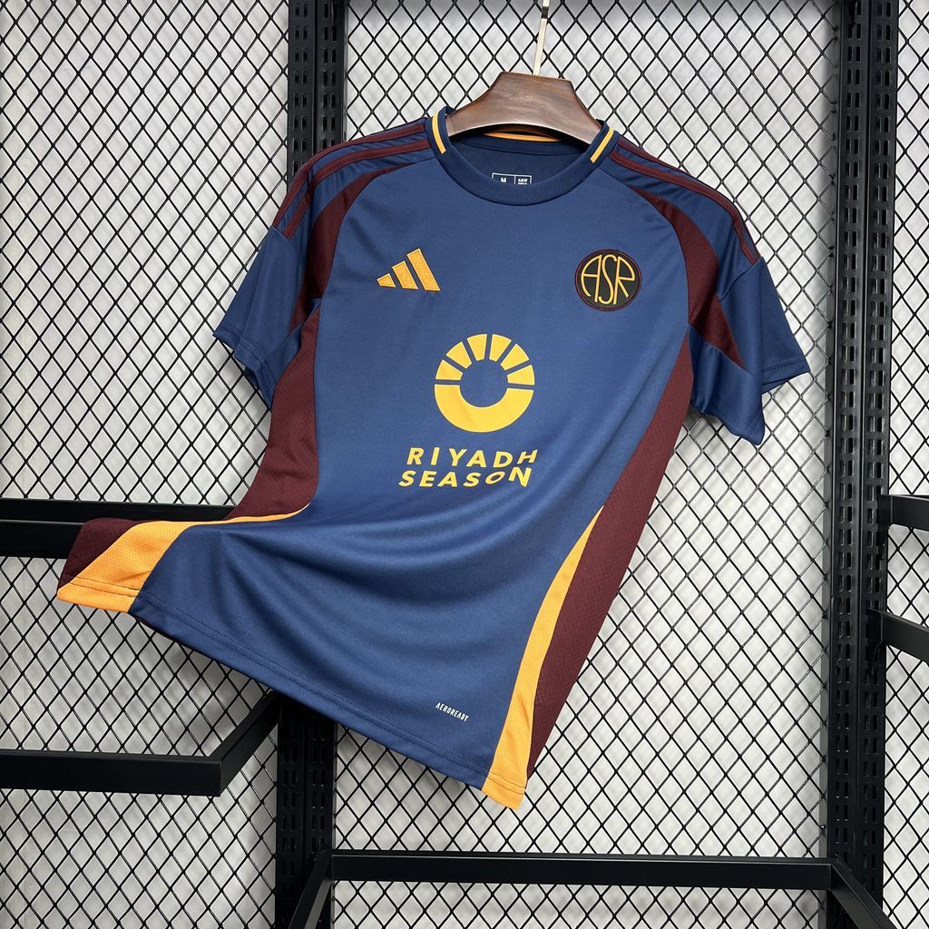 Folded blue soccer fan jersey with maroon sleeves and yellow side stripe