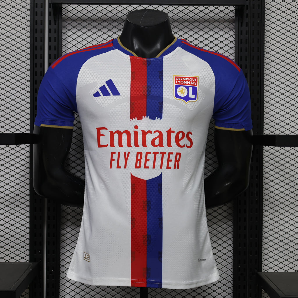 Home football shirt on mannequin, white with blue sleeves and red center stripe