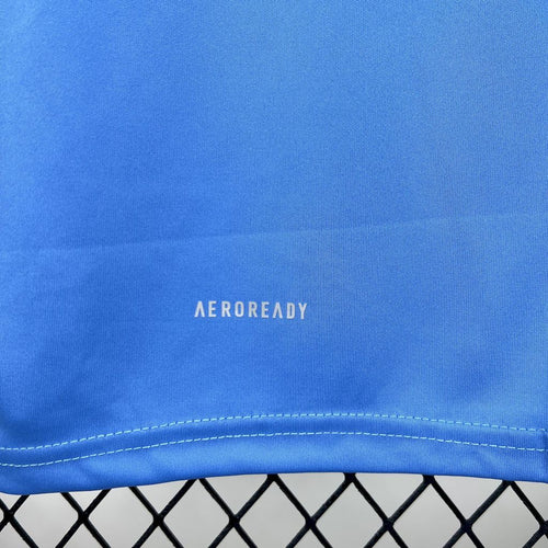 Blue jersey fabric close-up with AEROREADY logo