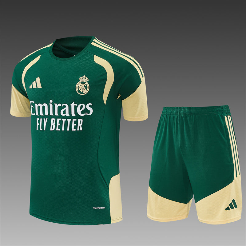 Green training jersey and shorts set with cream stripes and Real Madrid crest