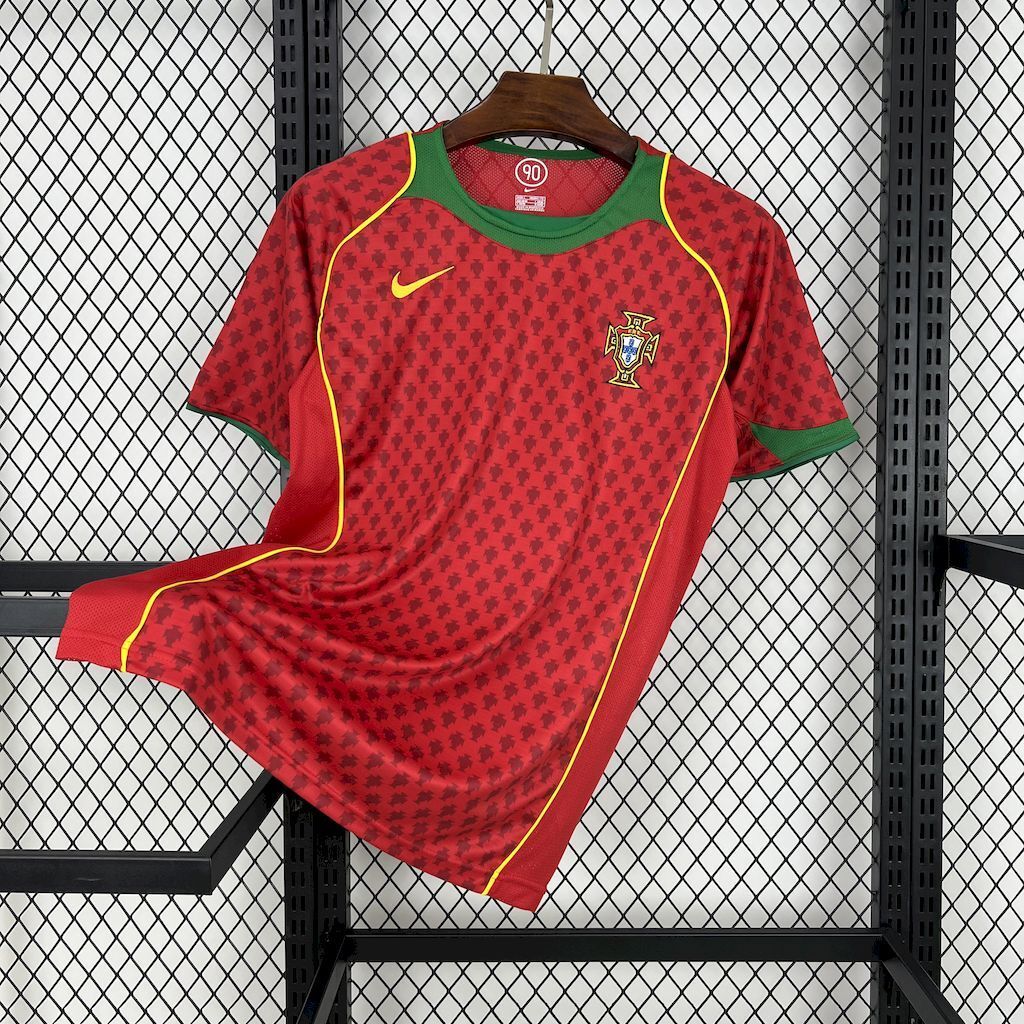 Retro Portugal home football jersey, red with green collar, yellow piping, crest on chest