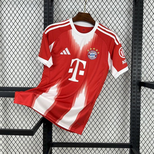 Bayern Munich 2025/26 home fan jersey, red with white trim and front sponsor print