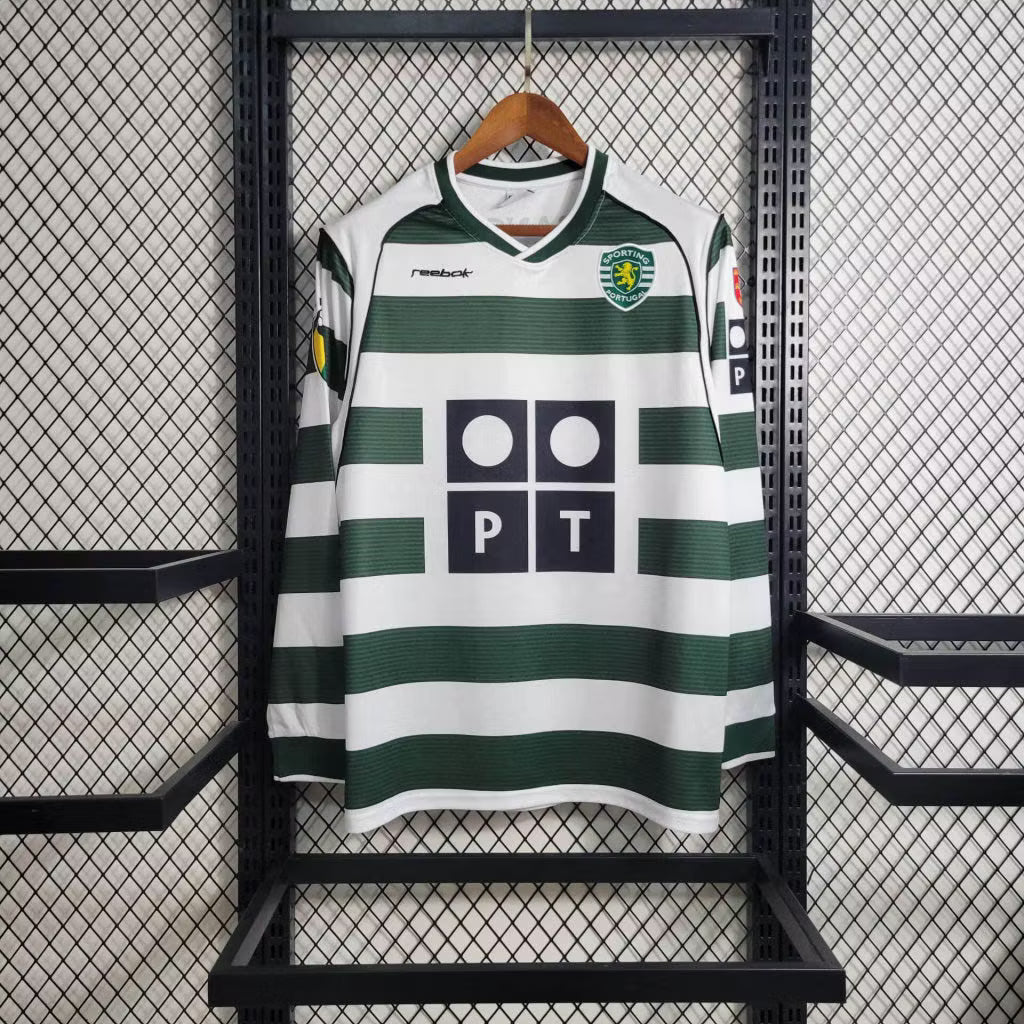 Sporting CP home jersey with green-and-white horizontal stripes, long sleeves, crest on chest