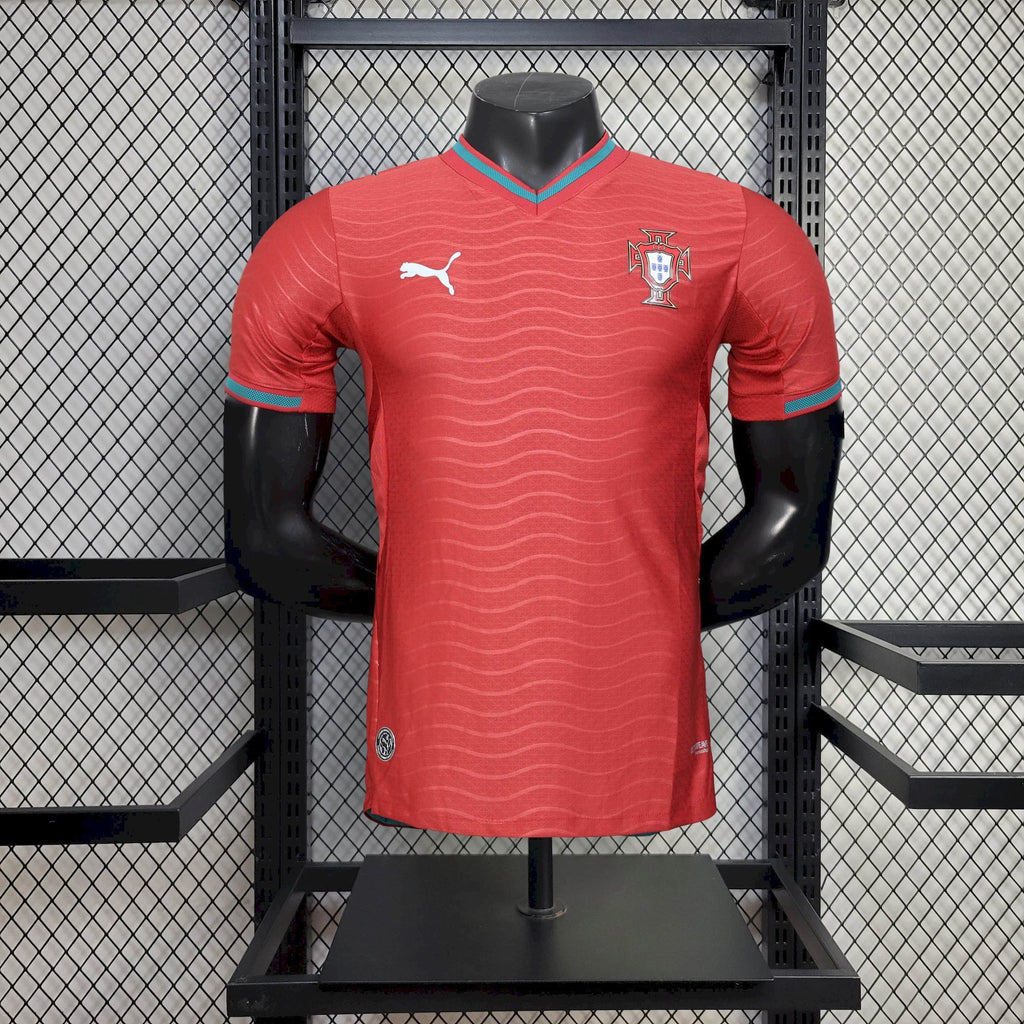 Red soccer jersey with teal V-neck trim, wavy texture, short sleeves