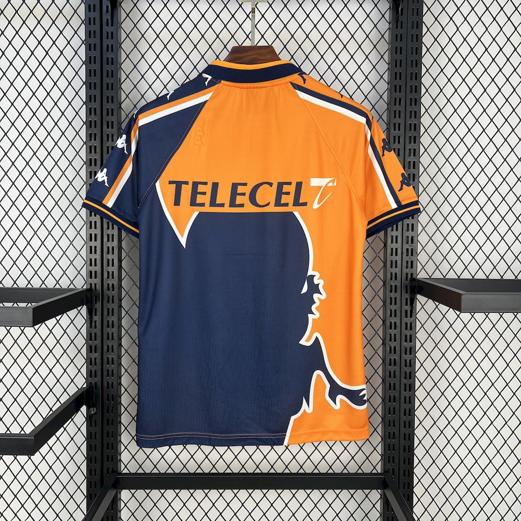 Porto 1997/99 away retro football jersey back view, orange and navy with TELECEL print