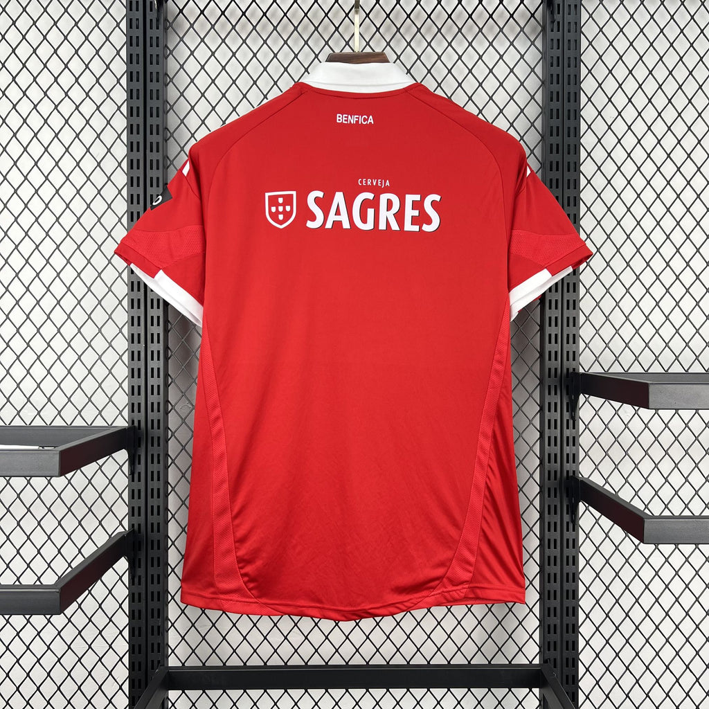 Red Benfica home soccer jersey back with Sagres sponsor text and white crest