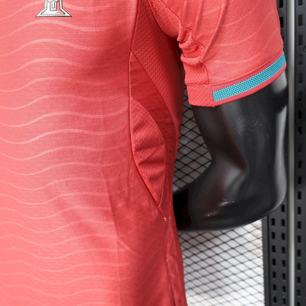 Red soccer jersey with textured fabric and side seam detail, short sleeves