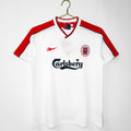 White retro football jersey with red sleeves, V-neck, crest and Carlsberg logo