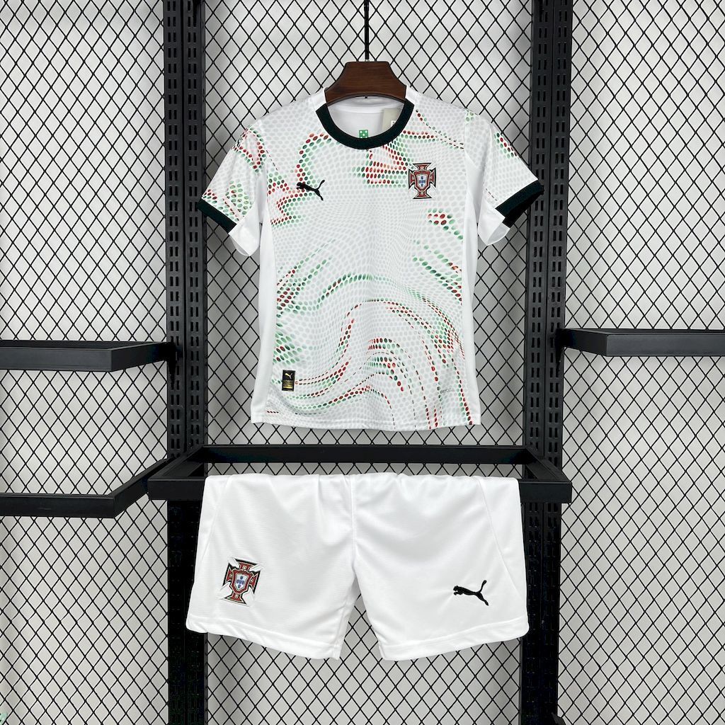 Kids Portugal away soccer kit: white jersey and shorts with multicolor dot swirl and crest
