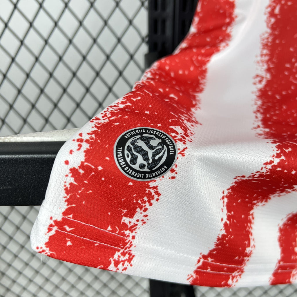 Paraguay home fan jersey hem detail with circular fabric label on white and red pattern