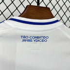 Kids white football jersey with blue-striped collar and back slogan print