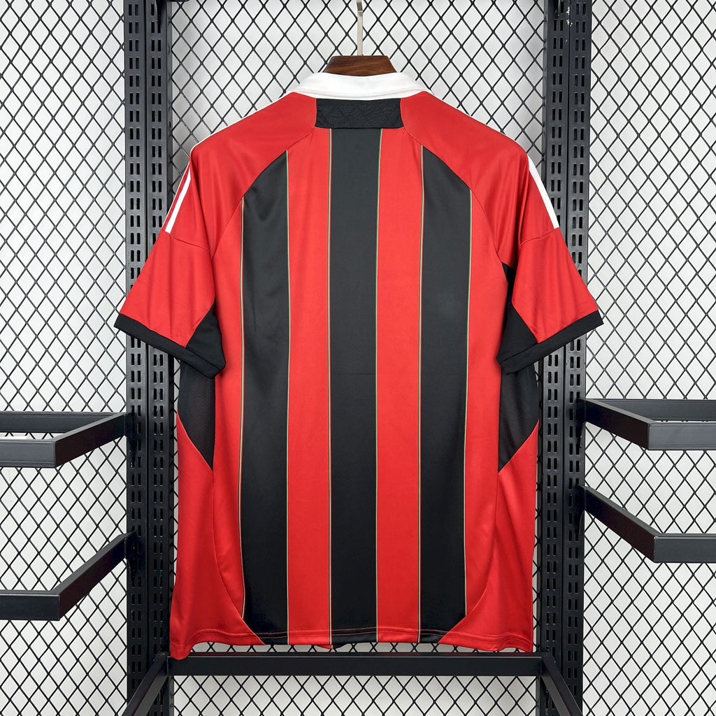 AC Milan retro home soccer jersey, back view with red and black vertical stripes
