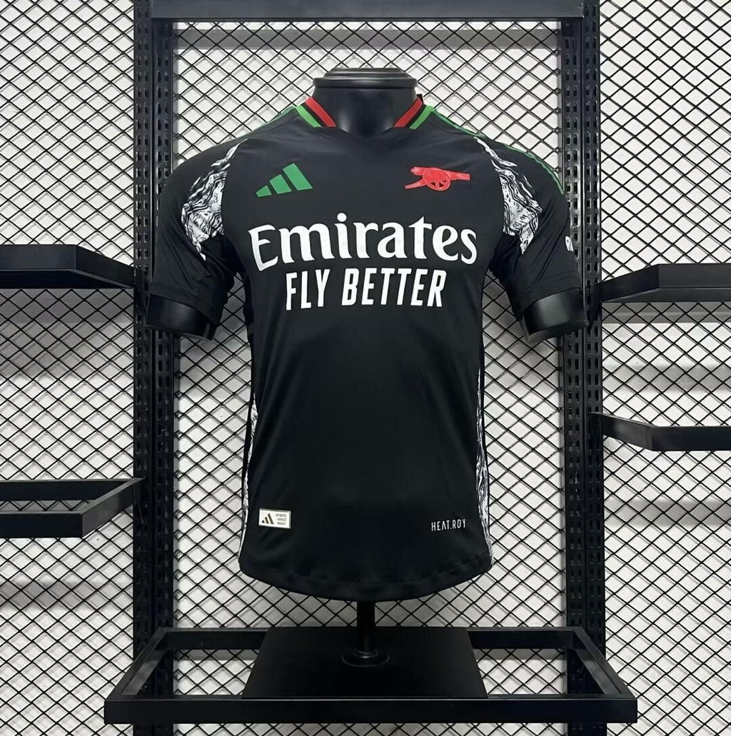 Arsenal 2024/25 away football jersey, black with green-red trim and Emirates logo