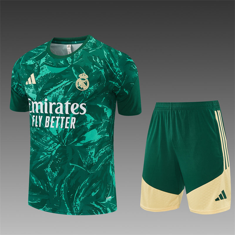 Green patterned training jersey and matching shorts set with crest and adidas stripes