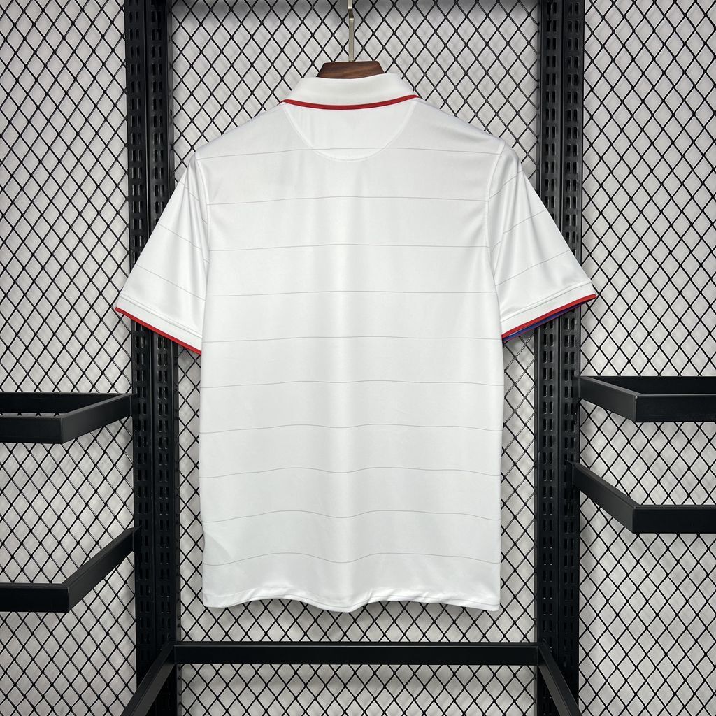 White soccer jersey back view with red-trim collar and sleeves