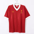 Red retro soccer jersey with white V-neck collar and Umbro and LFC Wembley logos