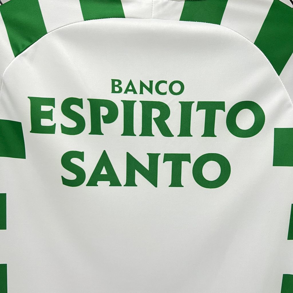 White back of green-and-white striped jersey with large 'BANCO ESPIRITO SANTO' text