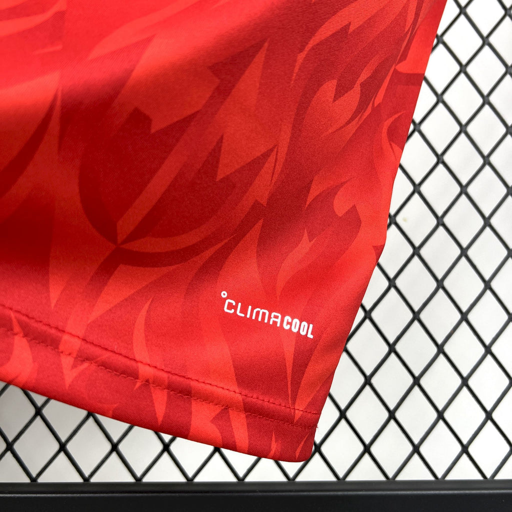 Red soccer jersey sleeve hem with "CLIMACOOL" logo on the fabric