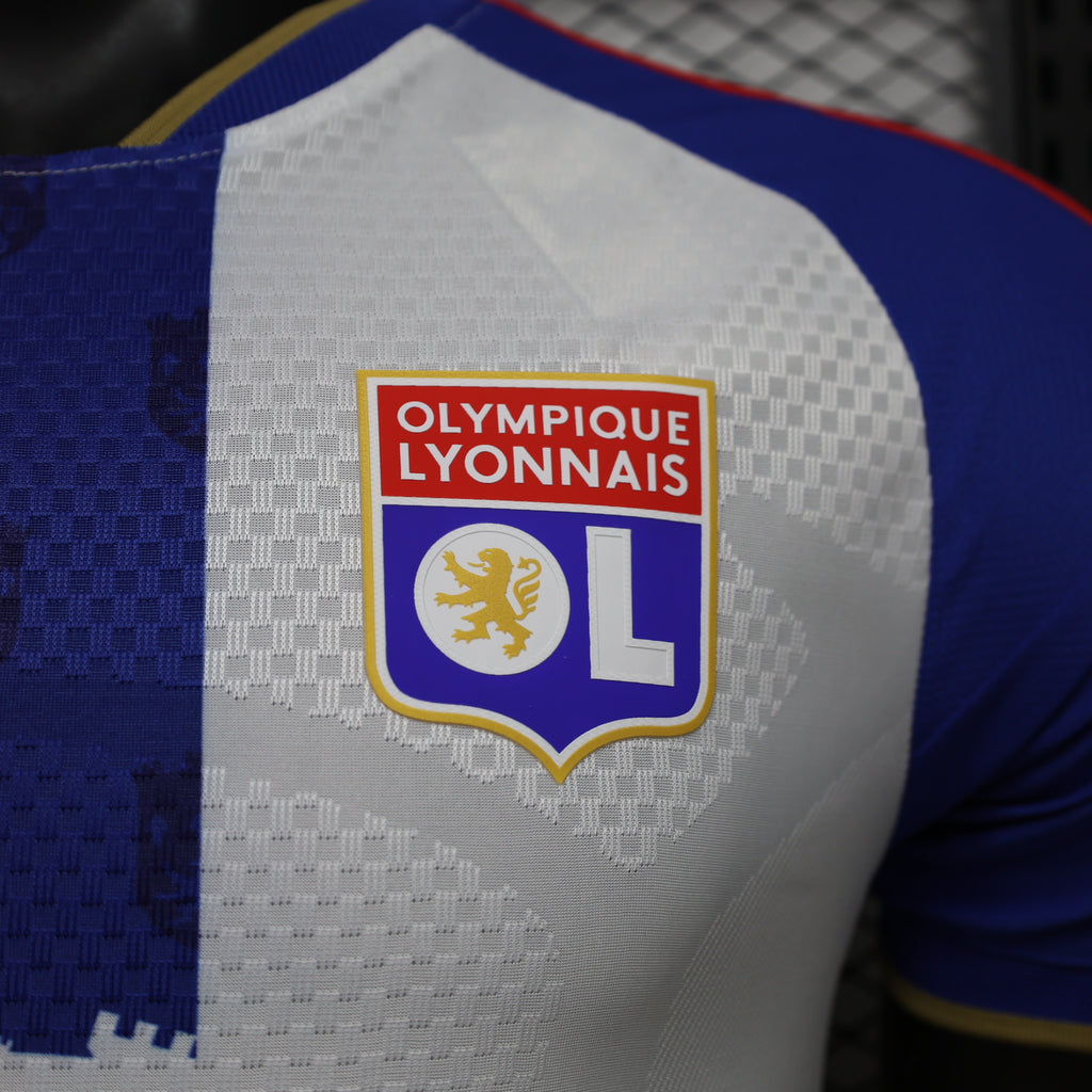 Olympique Lyonnais crest patch on white jersey with blue sleeve