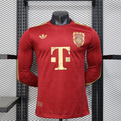 Red Bayern Munich 125th anniversary player football jersey with gold collar and crest