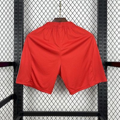 Red fan shorts back view with white side stripes