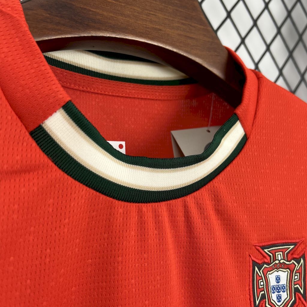 Striped round collar and neck label on red kids soccer jersey