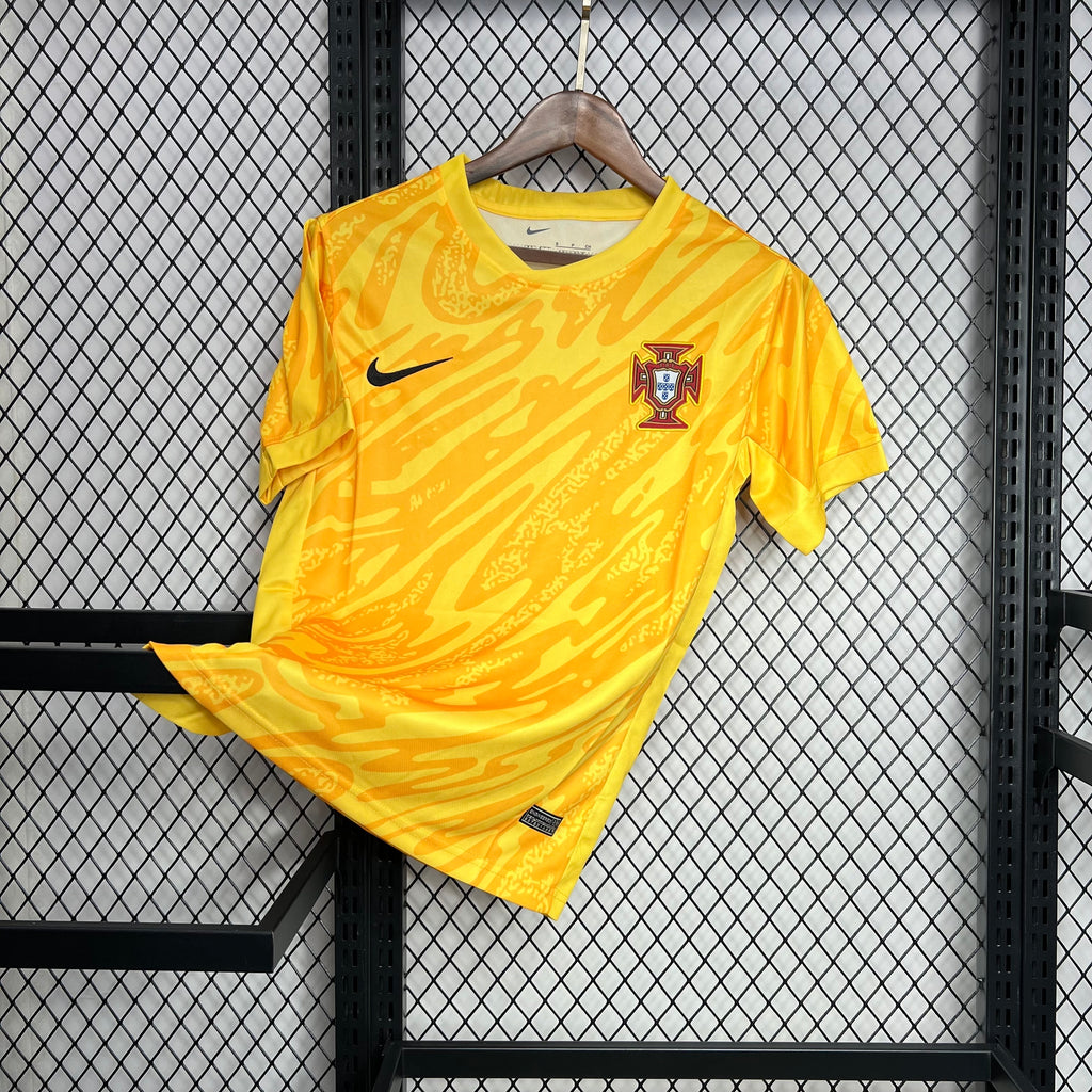 Yellow Portugal goalkeeper fan soccer jersey, short sleeves, Nike swoosh and crest