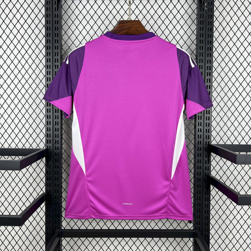Back view purple goalkeeper fan jersey with white stripes and adidas branding