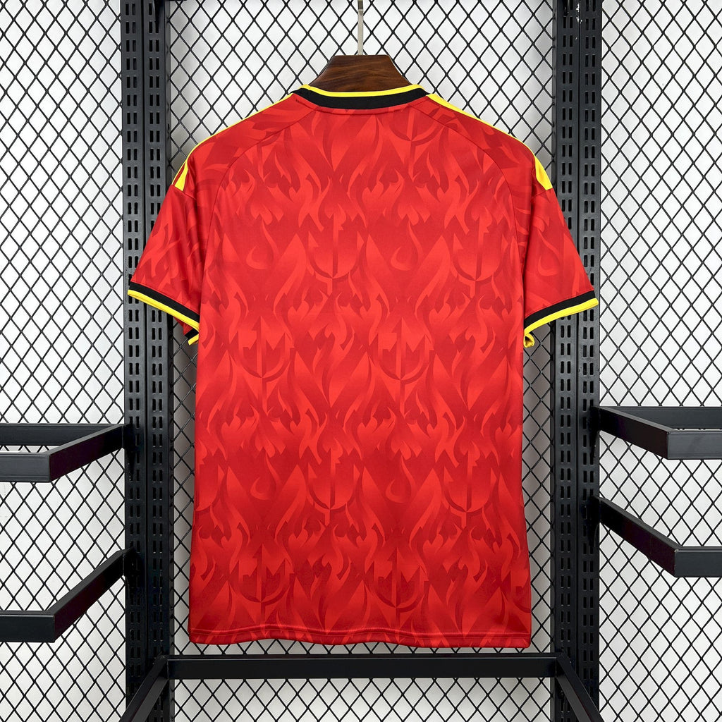 Red Belgium home soccer jersey back view with yellow-and-black trim