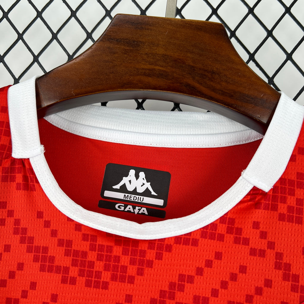 Red football jersey collar with Kappa MEDIU GAZA label and white trim