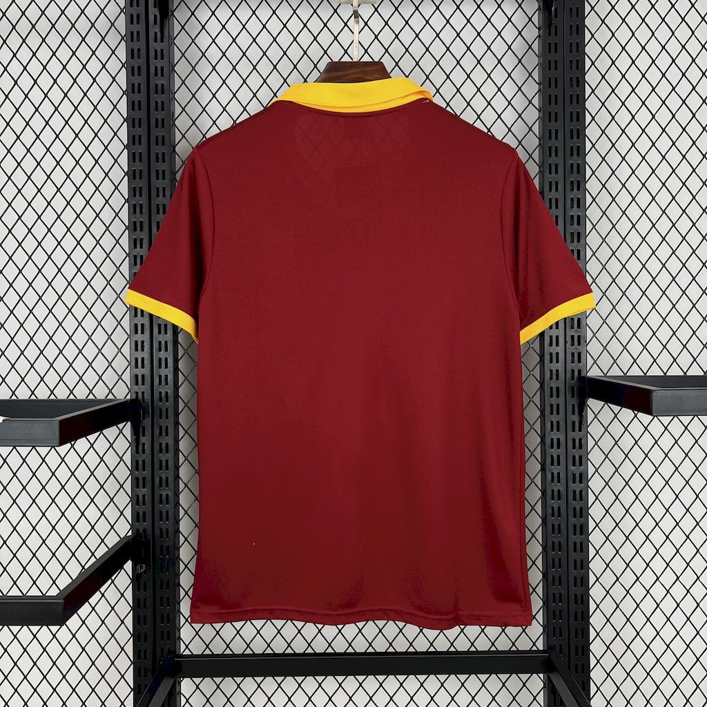Men's maroon football jersey back with yellow collar trim