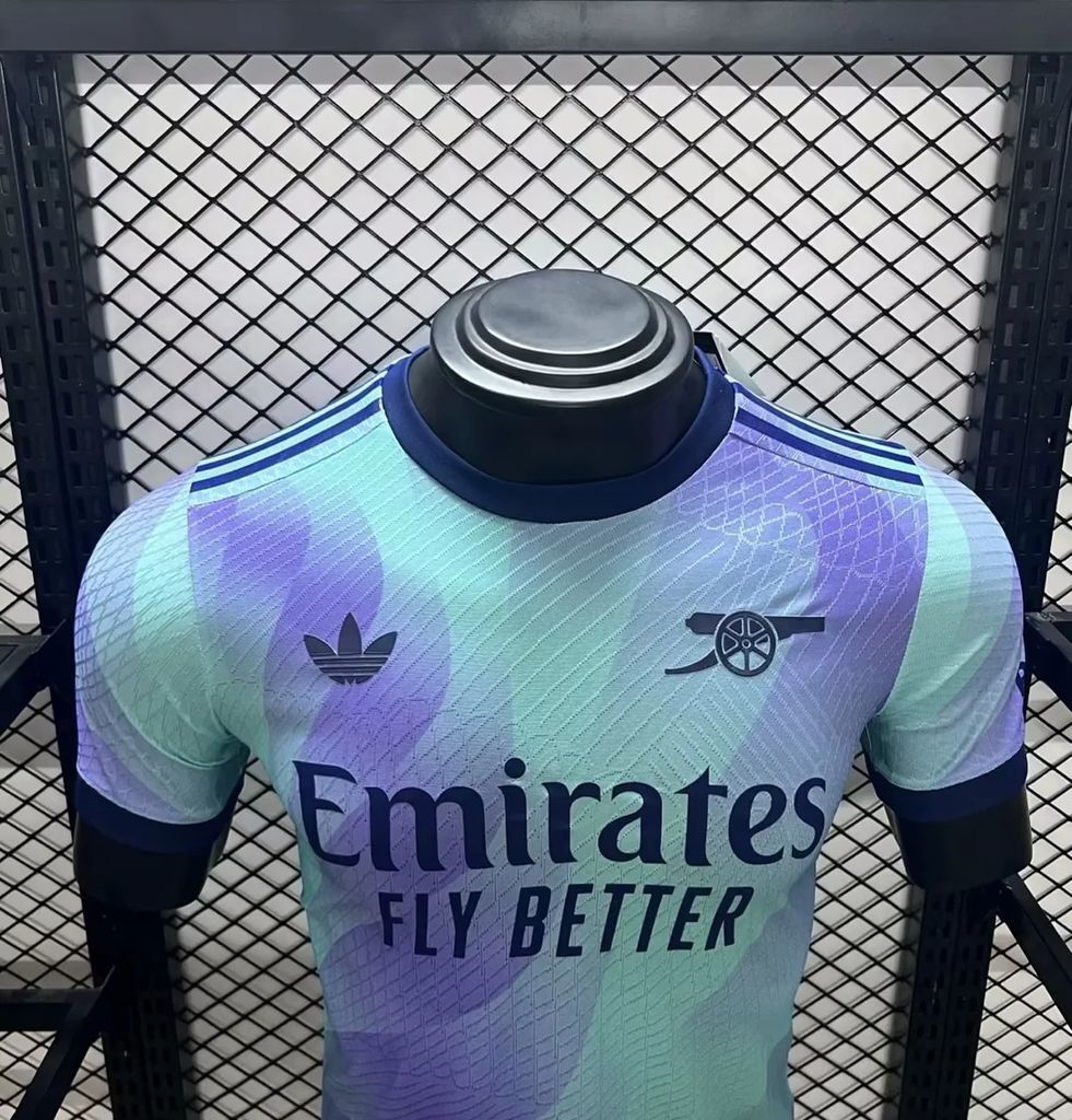Arsenal third player football jersey front close-up, Emirates Fly Better, light blue/purple