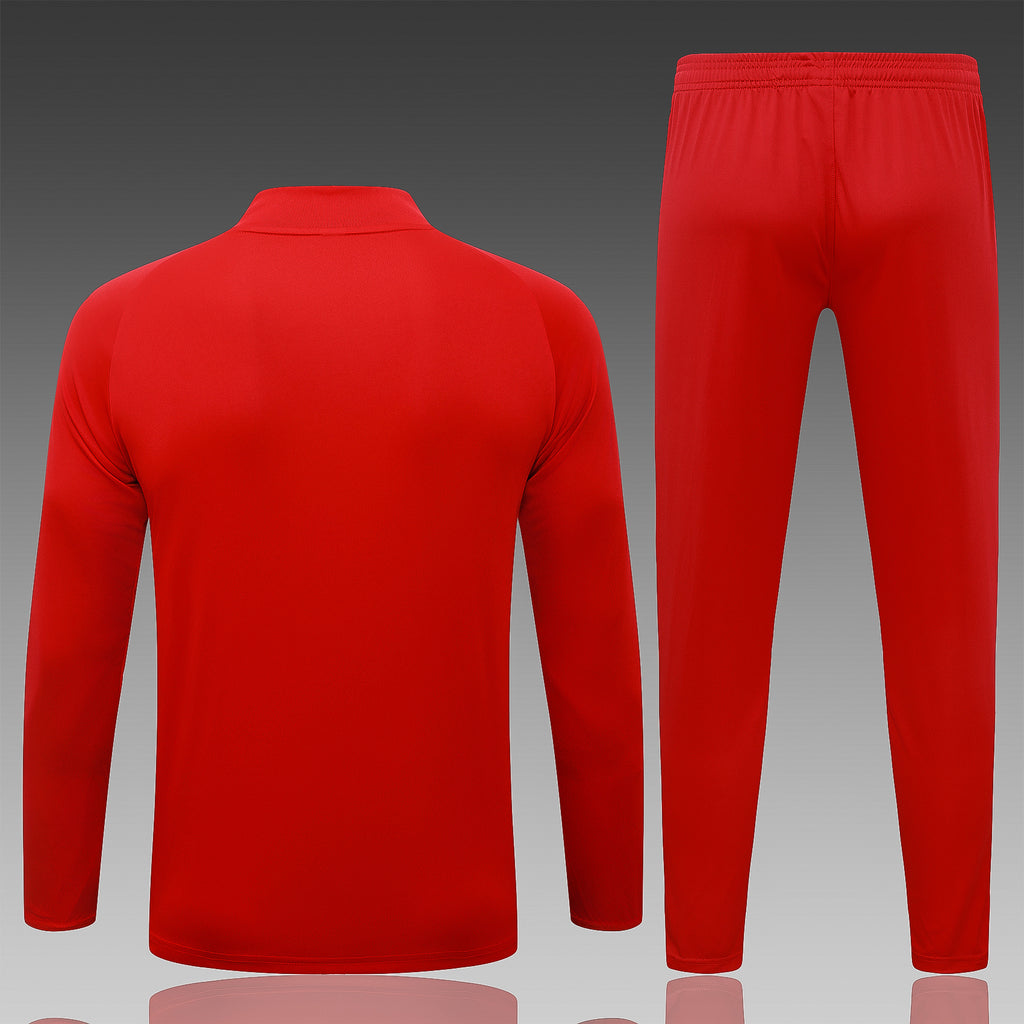 Red training top and track pants back views with white stripe accents and logos.