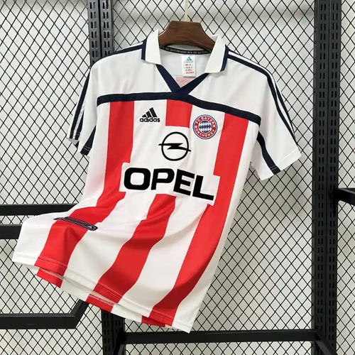 Retro football jersey in white with red vertical stripes; Adidas logo and Opel sponsor