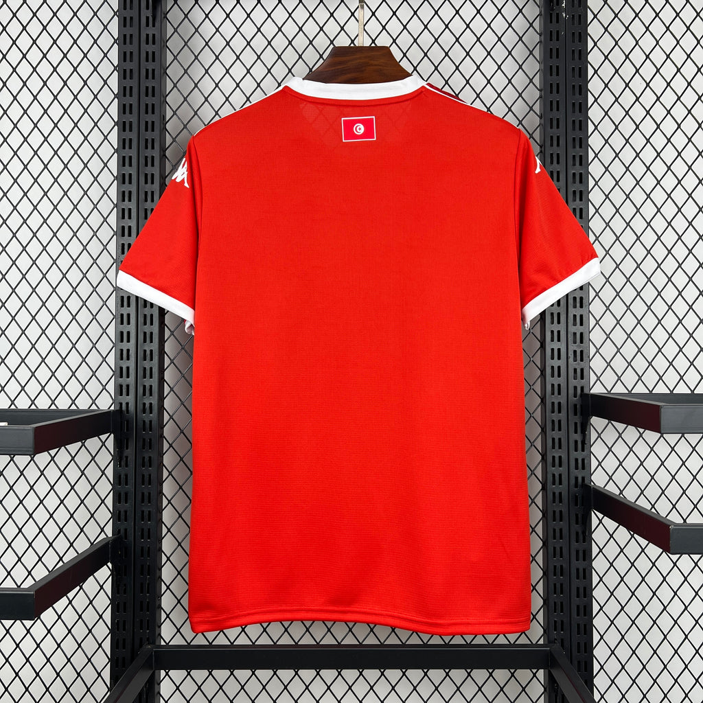 Red home football jersey back with white-trim sleeves and crew neckline