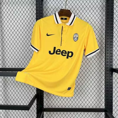 Yellow Juventus third retro football jersey with black collar trim and Jeep sponsor