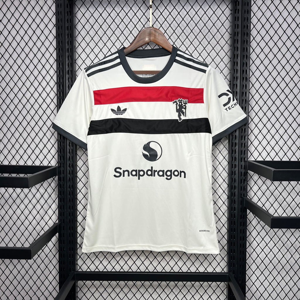White third football jersey with red and black chest stripes and Snapdragon sponsor logo