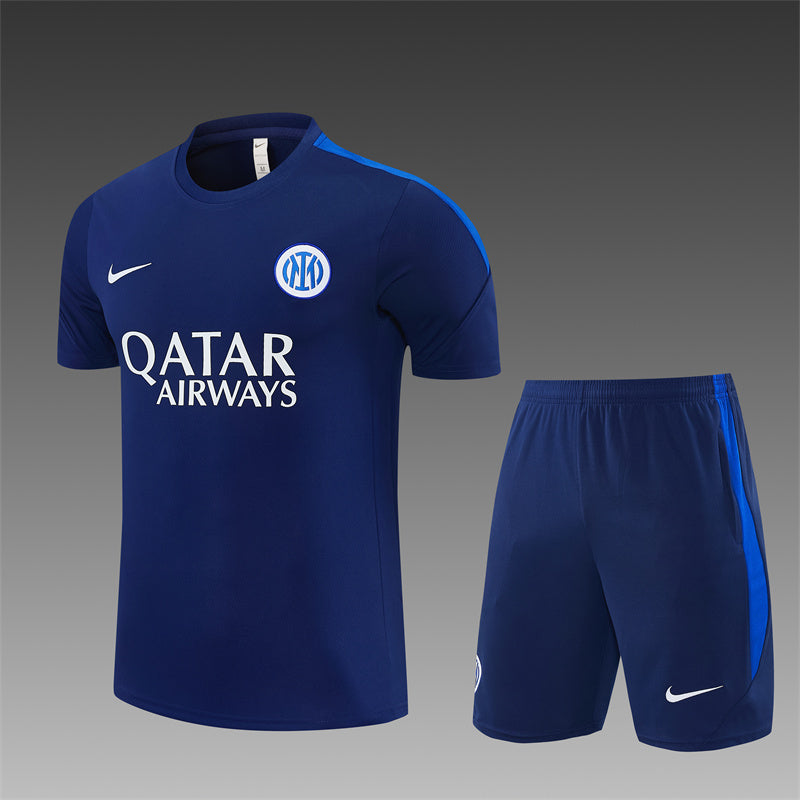 Navy Inter training jersey and shorts set with QATAR AIRWAYS sponsor and Nike logos