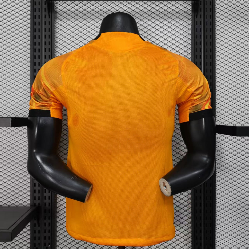 Orange football jersey back view with smooth crest area