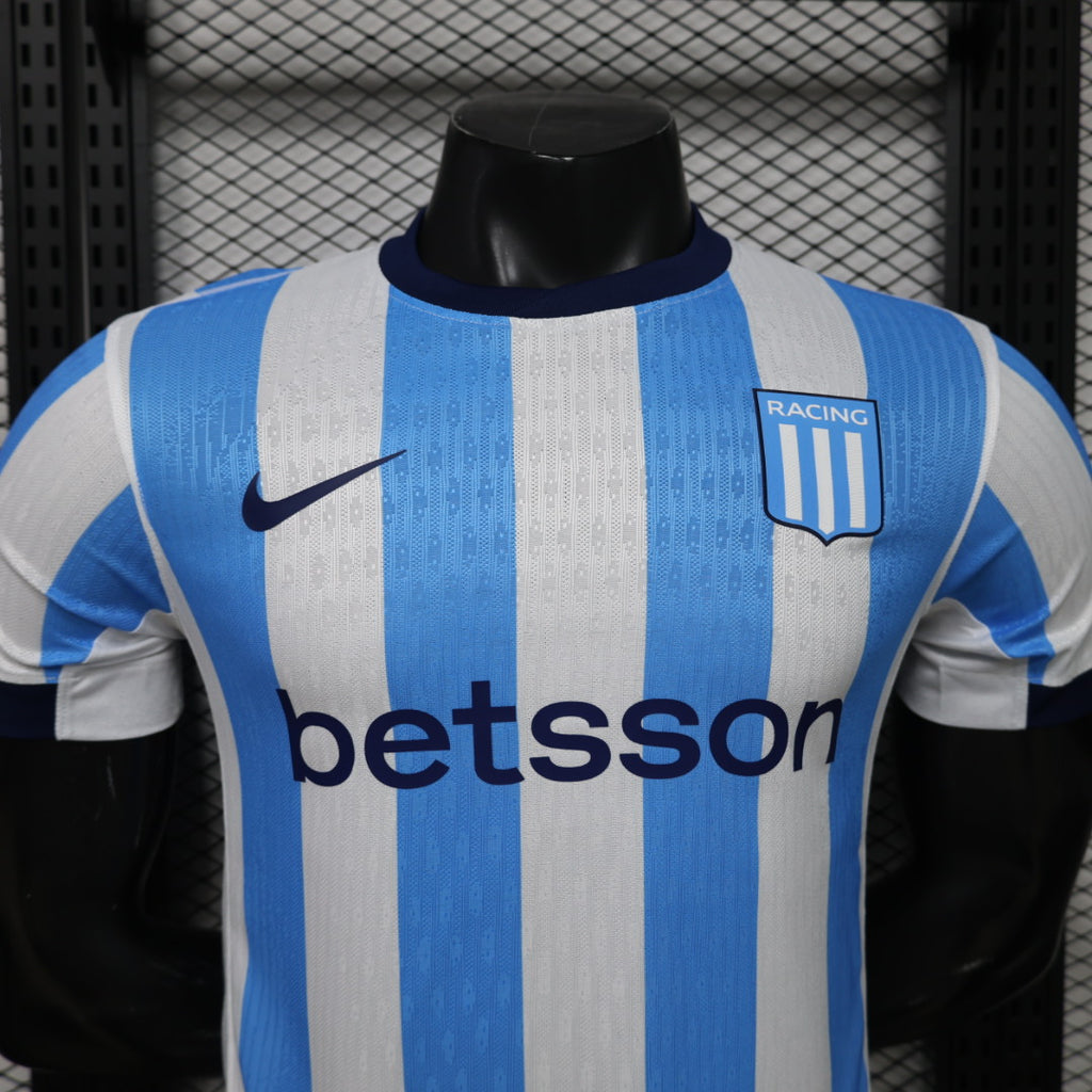 Blue and white striped soccer jersey with sponsor 'betsson', Nike swoosh, shield crest