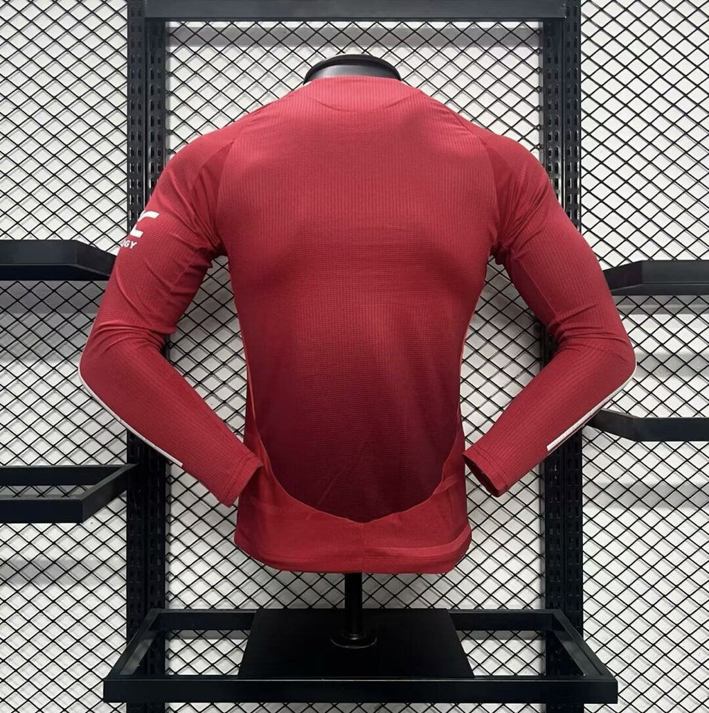 Back of home long-sleeve jersey, maroon with adidas shoulder stripes