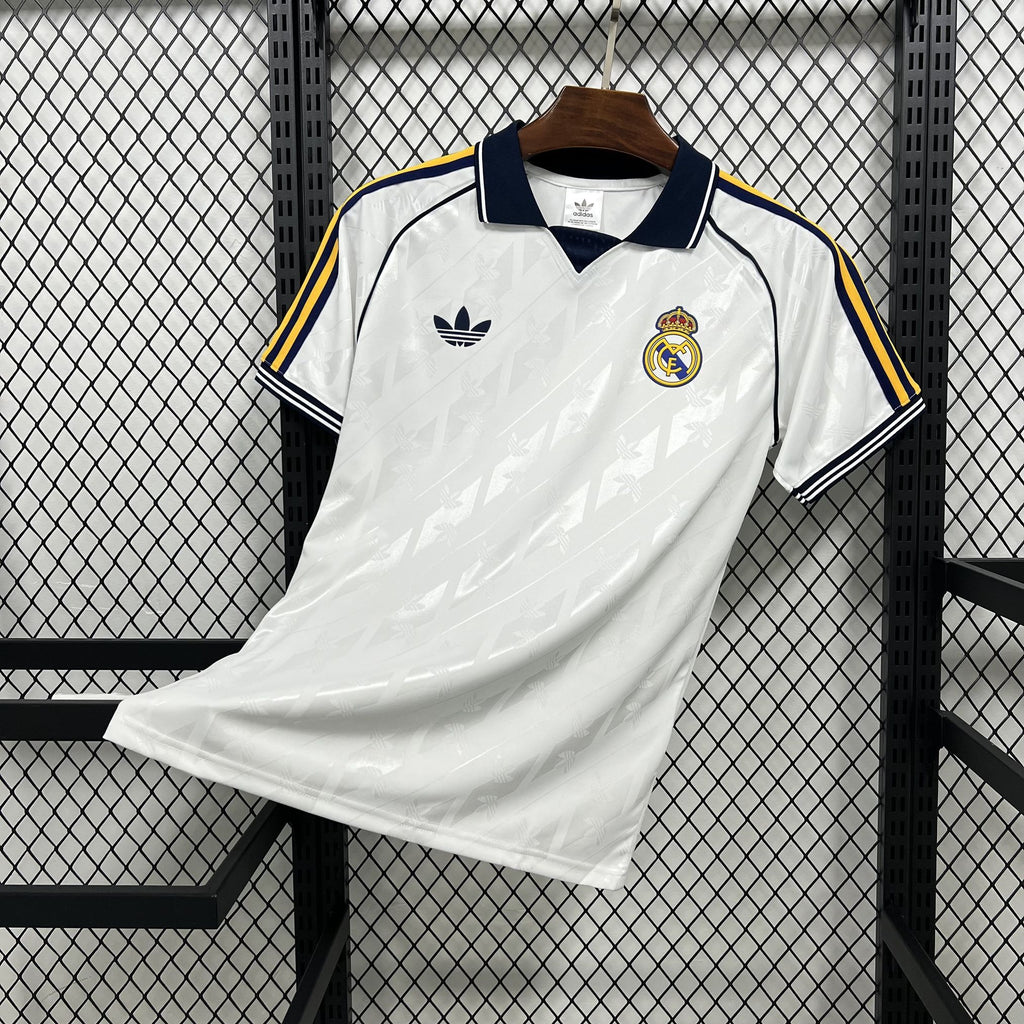 White Real Madrid OG casual shirt with navy-yellow shoulder stripes and front crest